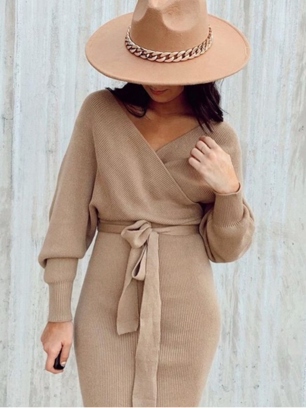 Lulu's Ribbed Wrap Belted Dress in Tan